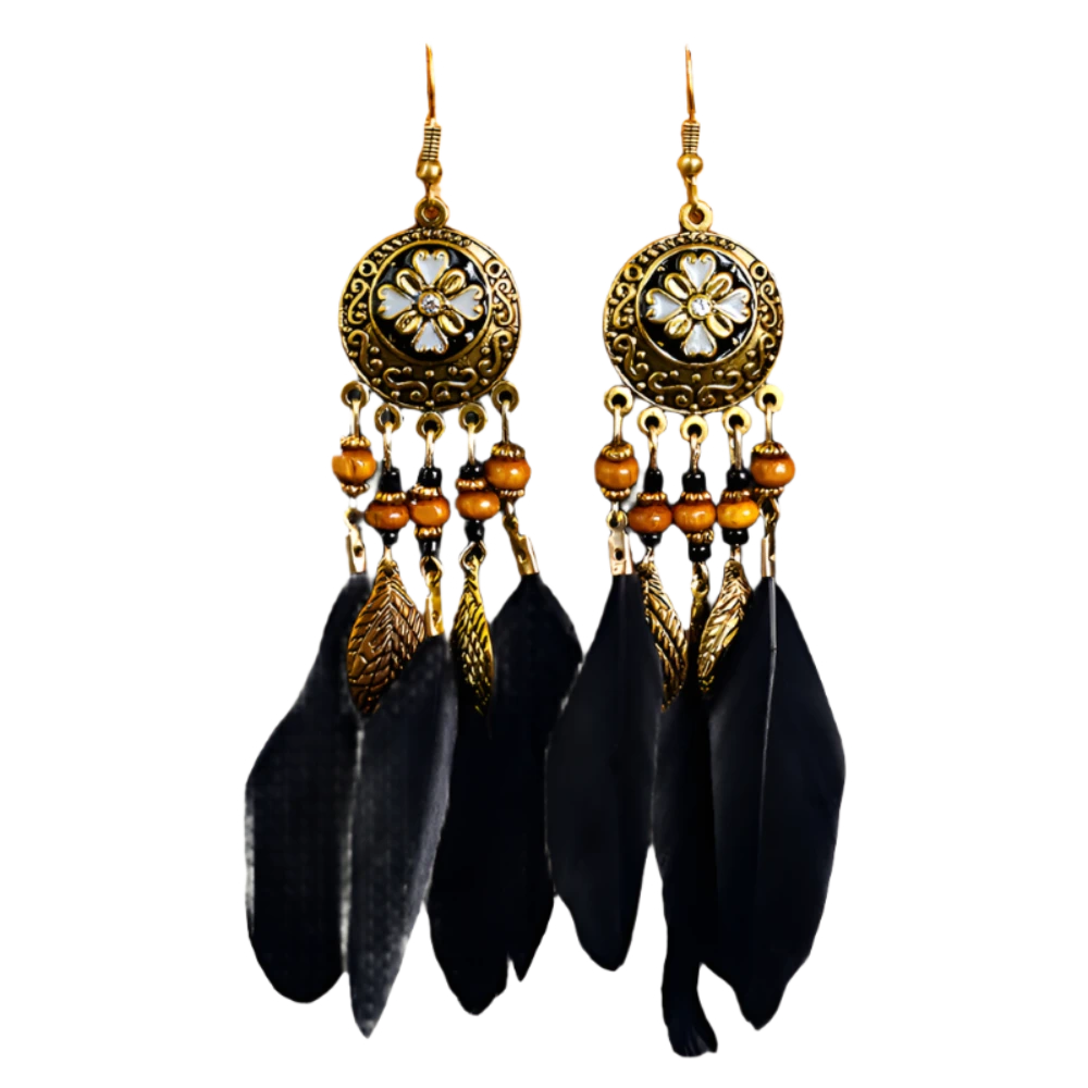 Boho-Vintage Feather Tassel Earrings