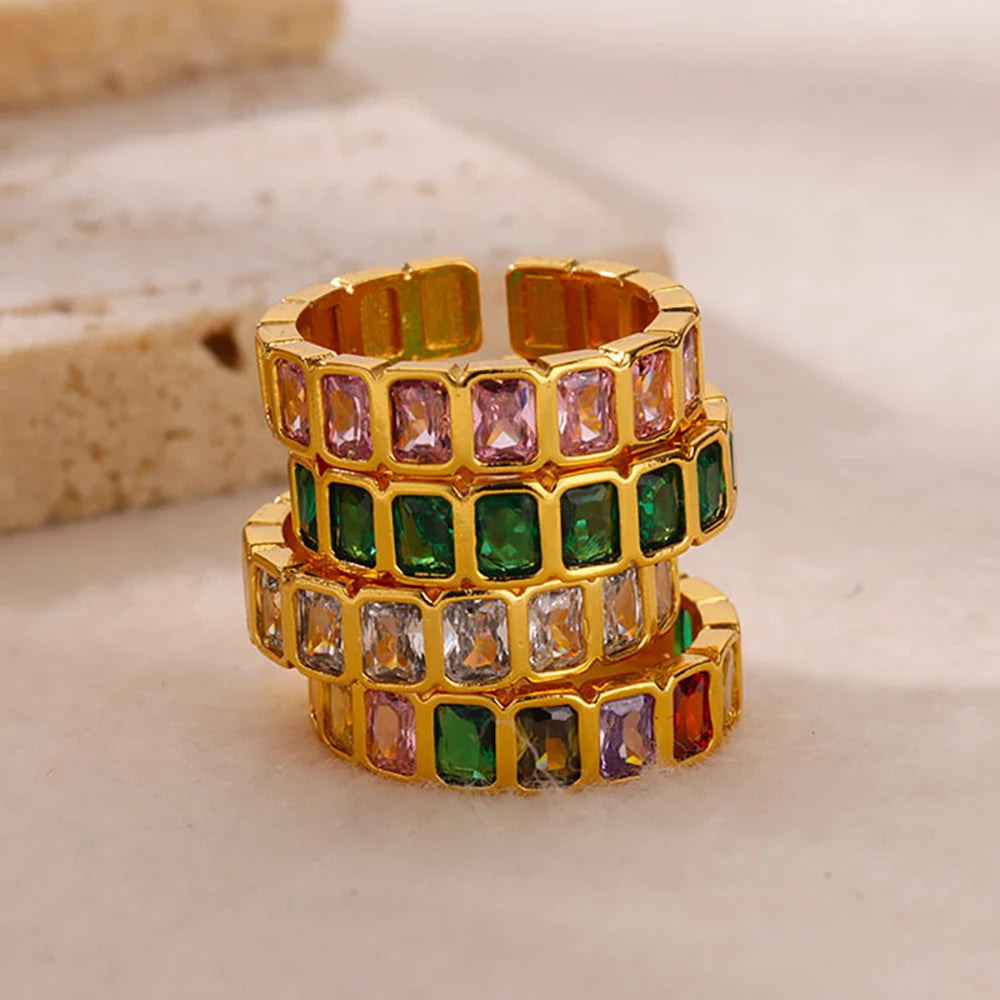 Adjustable cubic zircon ring, stainless steel, elegant colored stones, hypoallergenic design, stackable