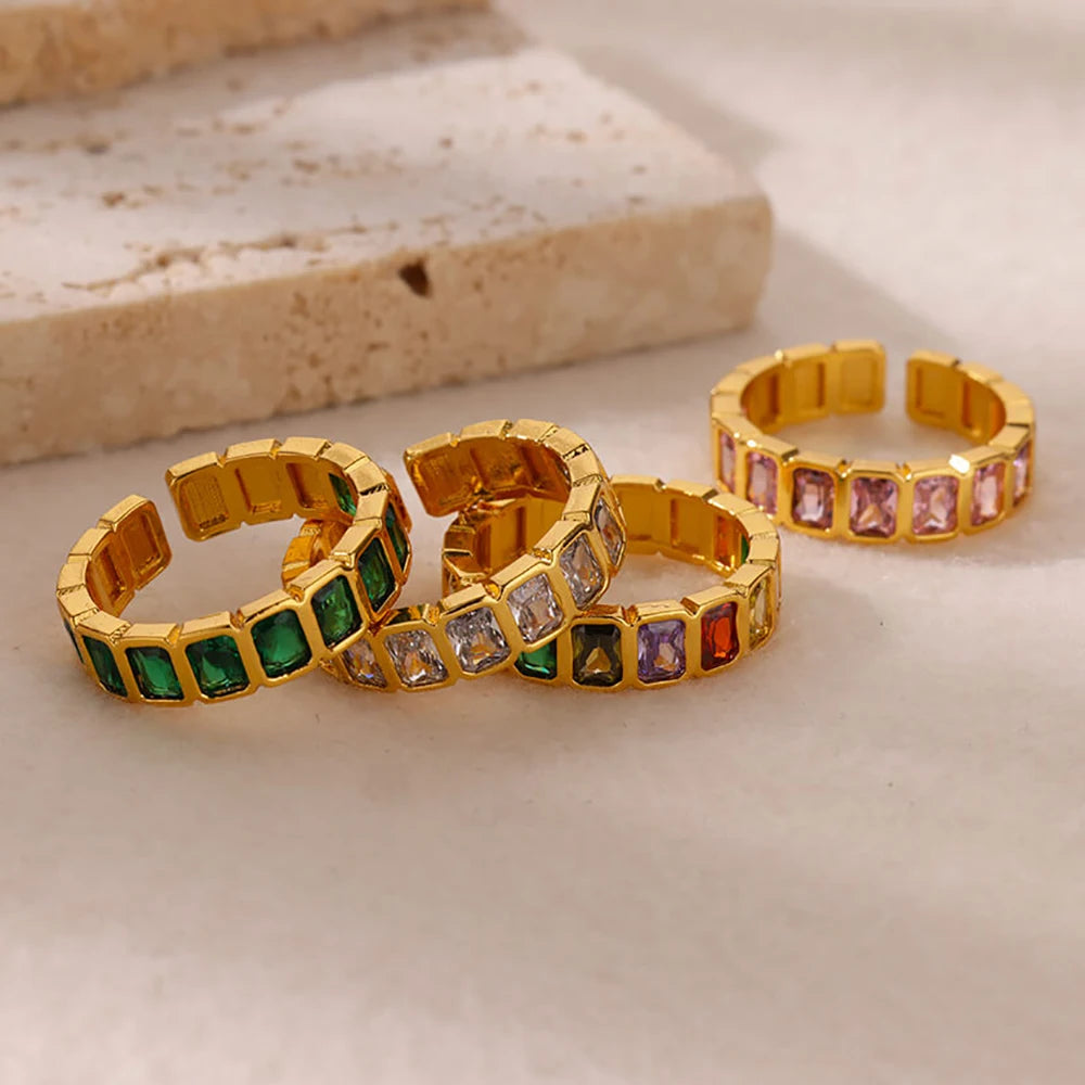 Stainless steel adjustable ring, cubic zirconia, elegant colourful sparkle jewellery, mix, match and layer