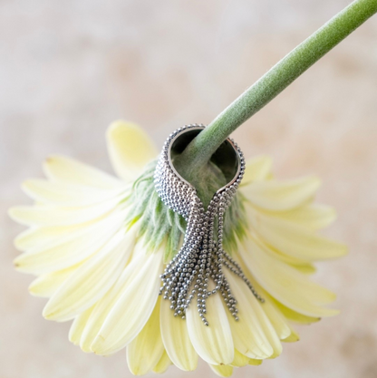 Silver fringe ring on a yellow flower 