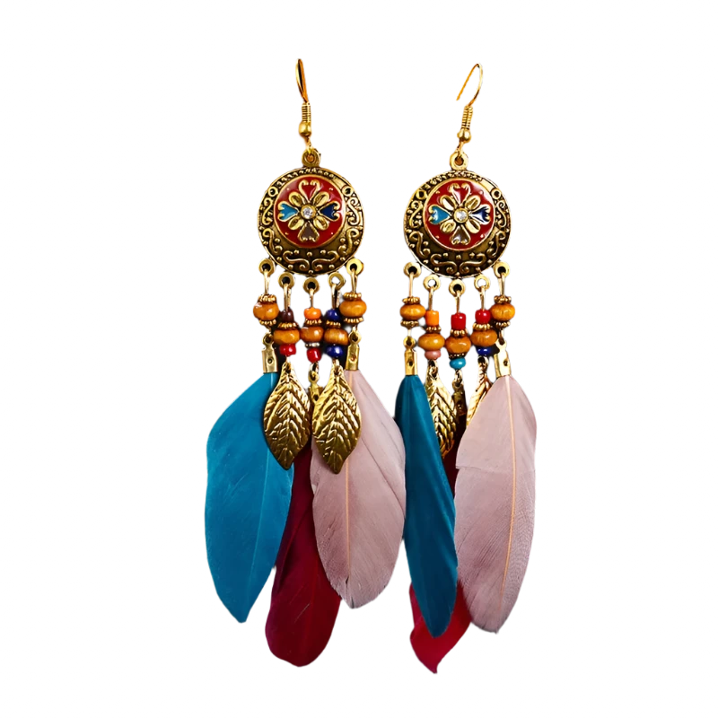 Boho-Vintage Feather Tassel Earrings