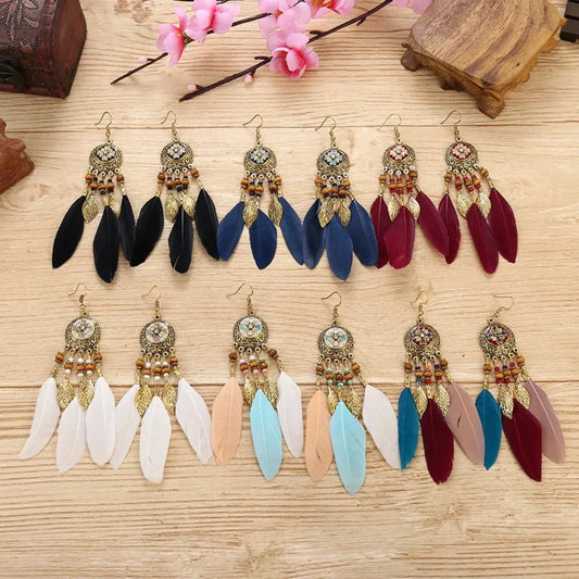 Boho feather tassel drop earrings, alloy metal, lightweight and earthy festival jewellery