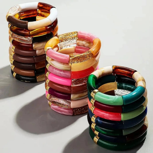 Stack & Glow bracelet, boho resin stretch design, colourful lightweight stackable accessory