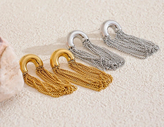 Minimalist 18K gold waterproof chain dangle earrings, PVD coated, for elegant everyday style